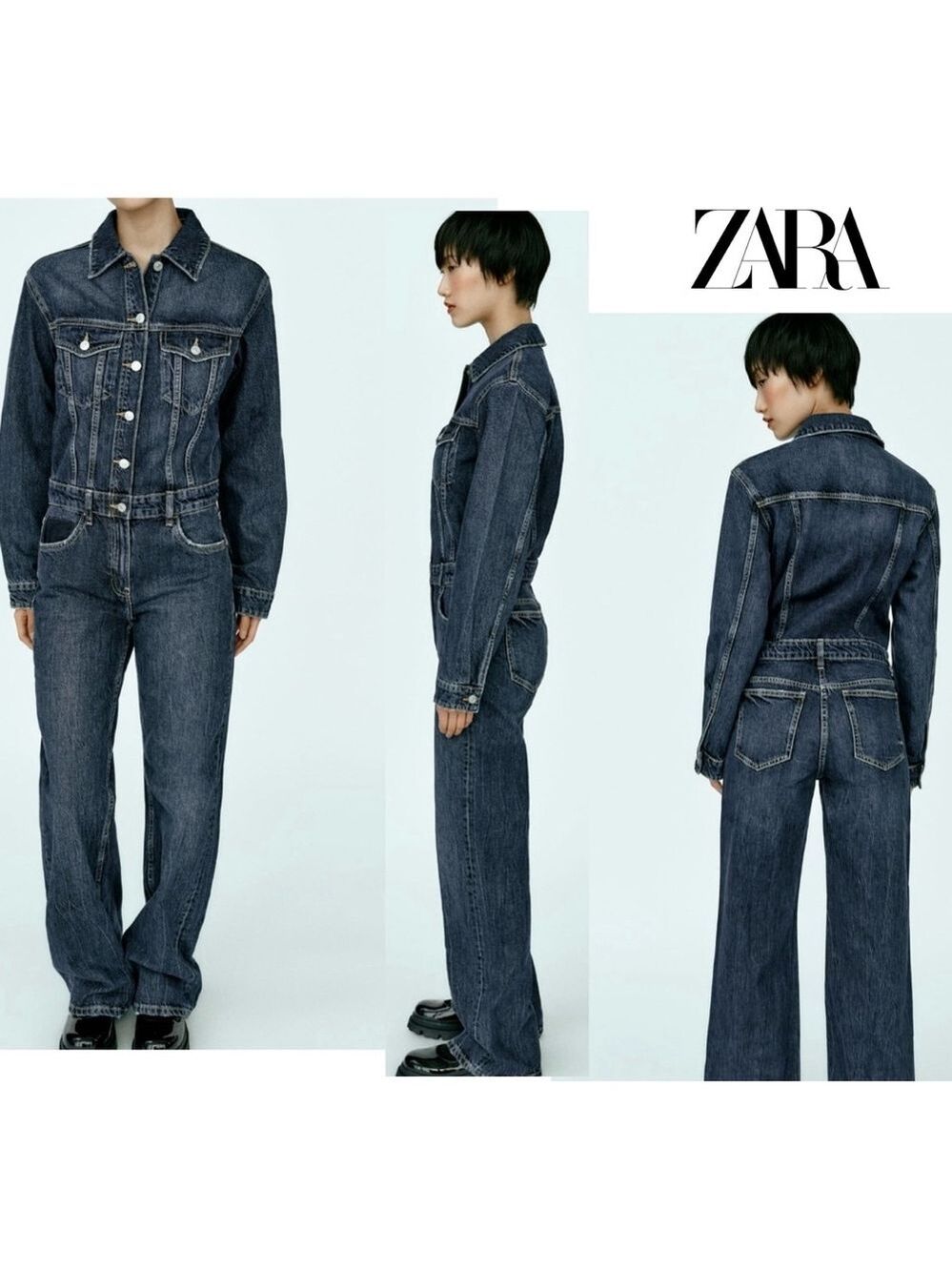 Zara blue denim jean jumpsuit long sleeve button front straight leg Sz S NWOT